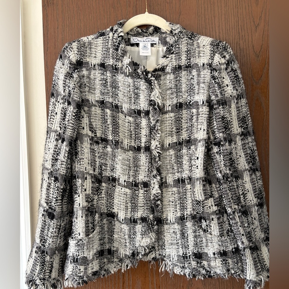 OSCAR DE LE RENTA Black & White Tweed Fringe Jacket